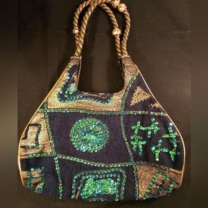 Vintage Navy & Gold Shoulder Bag with Turquoise Sequins, Metallic Gold Designs.